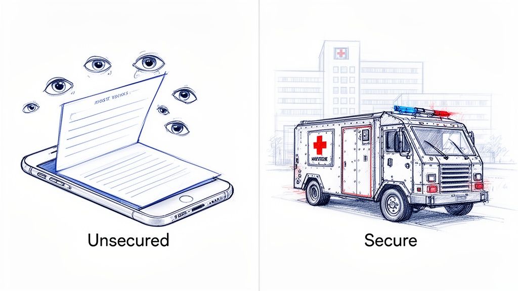 Illustration contrasting an unsecured phone displaying private data with watching eyes, and a secure armored healthcare vehicle.