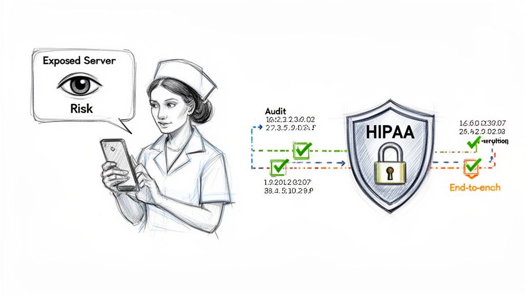 A nurse on her phone highlights server risk, while a HIPAA shield, audit, and encryption ensure secure healthcare messaging.