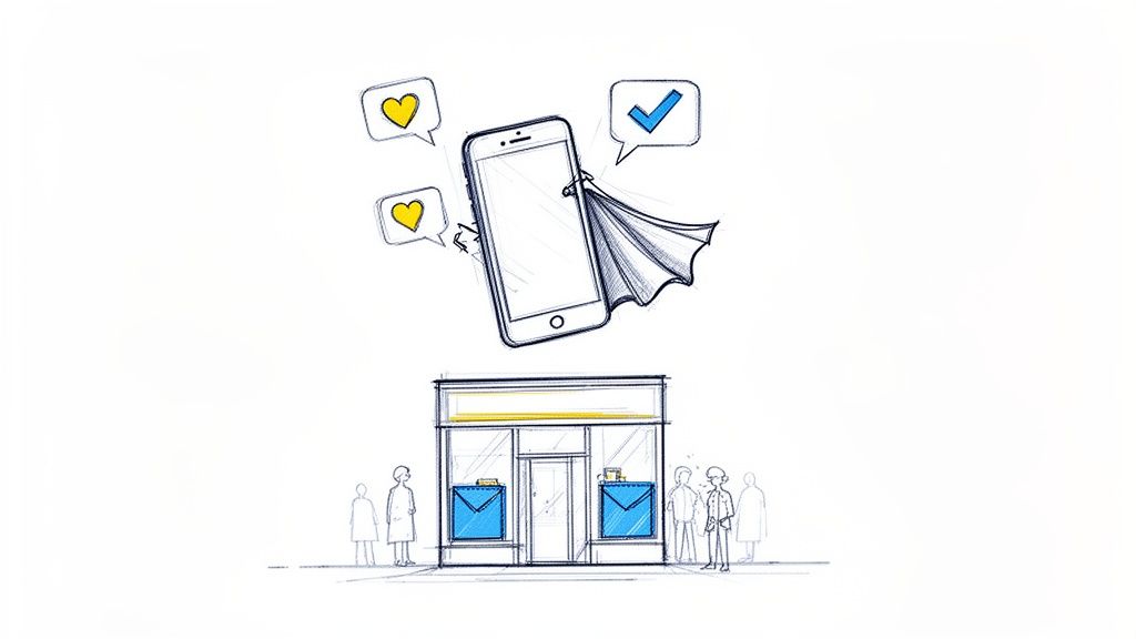 Sketch of superhero smartphone with hearts and a checkmark above a small business storefront.