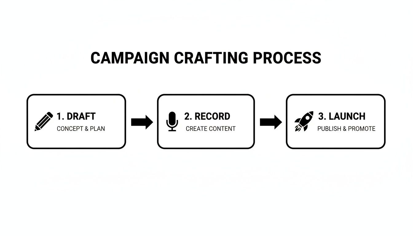 Flowchart detailing the 3-step campaign crafting process: draft, record content, and launch.