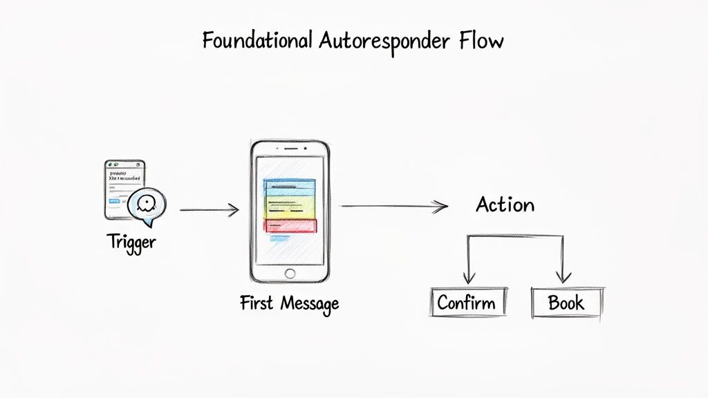A foundational autoresponder flow diagram showing a trigger leading to a first message, then an action with options to confirm or book.