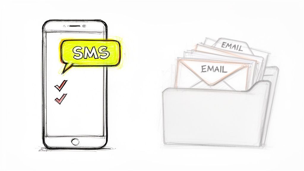 A sketch showing a smartphone with an SMS bubble and checkmarks, next to a folder of email envelopes.