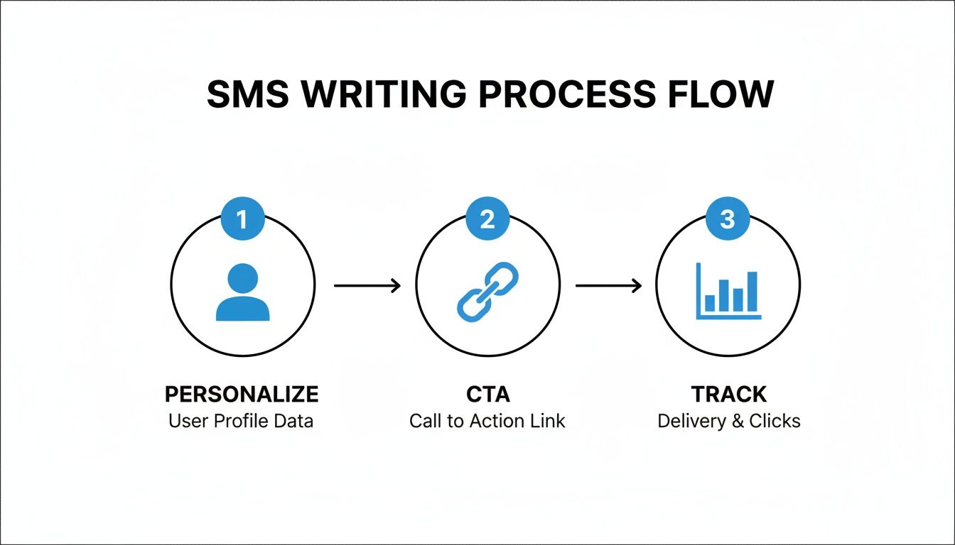 A three-step SMS writing process flow: Personalize, CTA, and Track, with icons and descriptions.