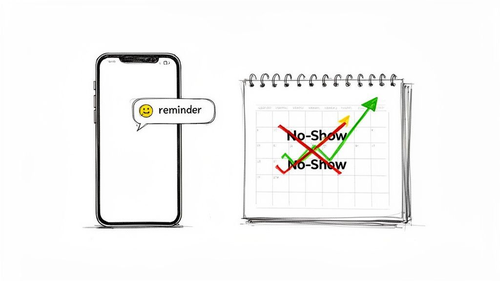 A smartphone shows a 'reminder' notification next to a calendar indicating reduced 'no-shows' with a positive trend.