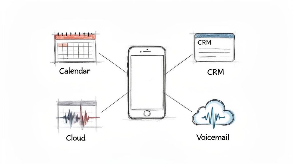 A smartphone screen connected to calendar, CRM, cloud, and voicemail, illustrating integrated communication and reminders.