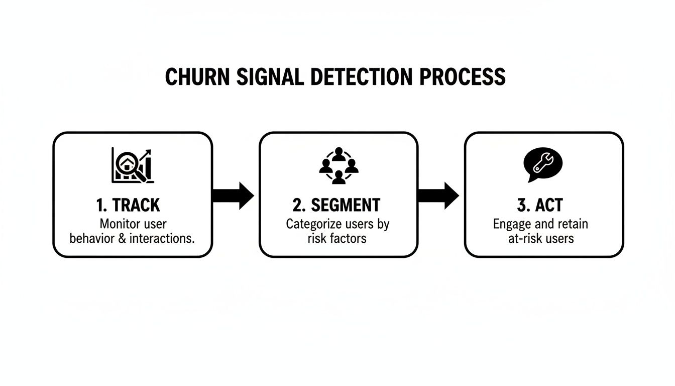 A flowchart illustrates the three steps of the churn signal detection process: track, segment, and act.