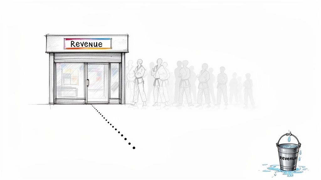 A store labeled 'Revenue' with people in line, connected to a leaky 'Revenue' bucket.
