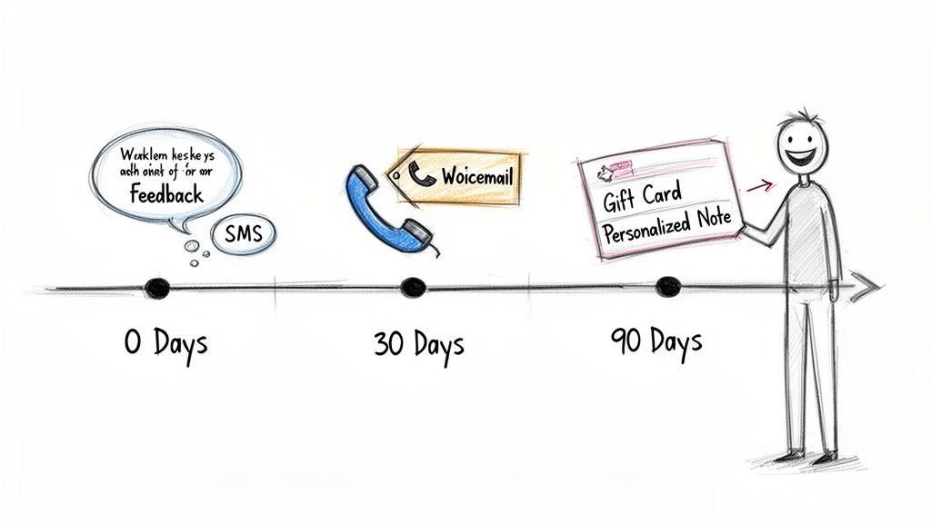 A hand-drawn timeline illustrating customer engagement steps over 90 days, including feedback, voicemail, and a gift card.