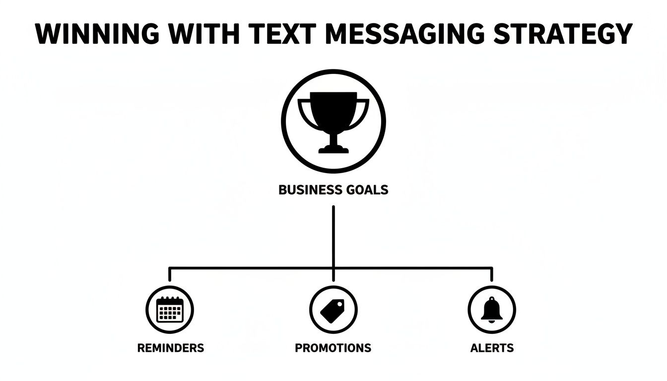 A diagram illustrating business goals achieved through text messaging strategies: reminders, promotions, and alerts.