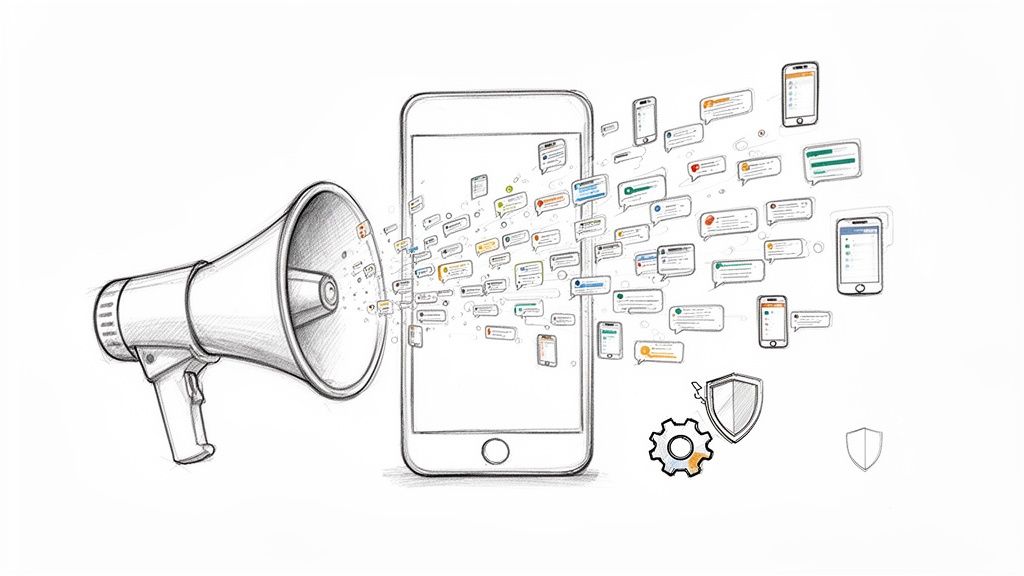 A sketch illustration showing a megaphone broadcasting messages and phones to a large smartphone.
