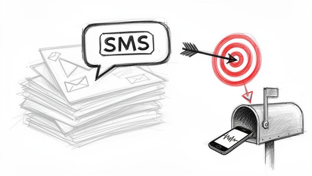 SMS message bubble above traditional mail, targeting a smartphone in a mailbox effectively.