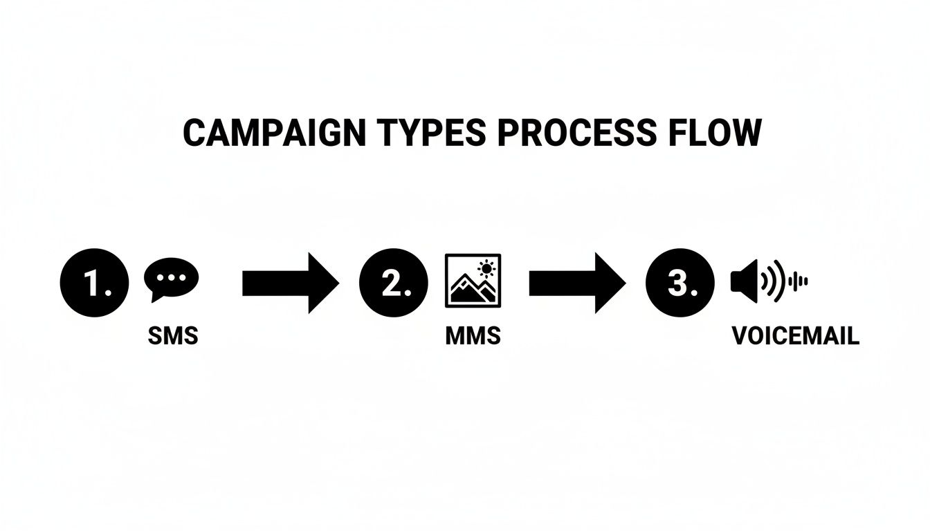 A process flow showing campaign types: 1. SMS, 2. MMS, and 3. Voicemail, connected by arrows.
