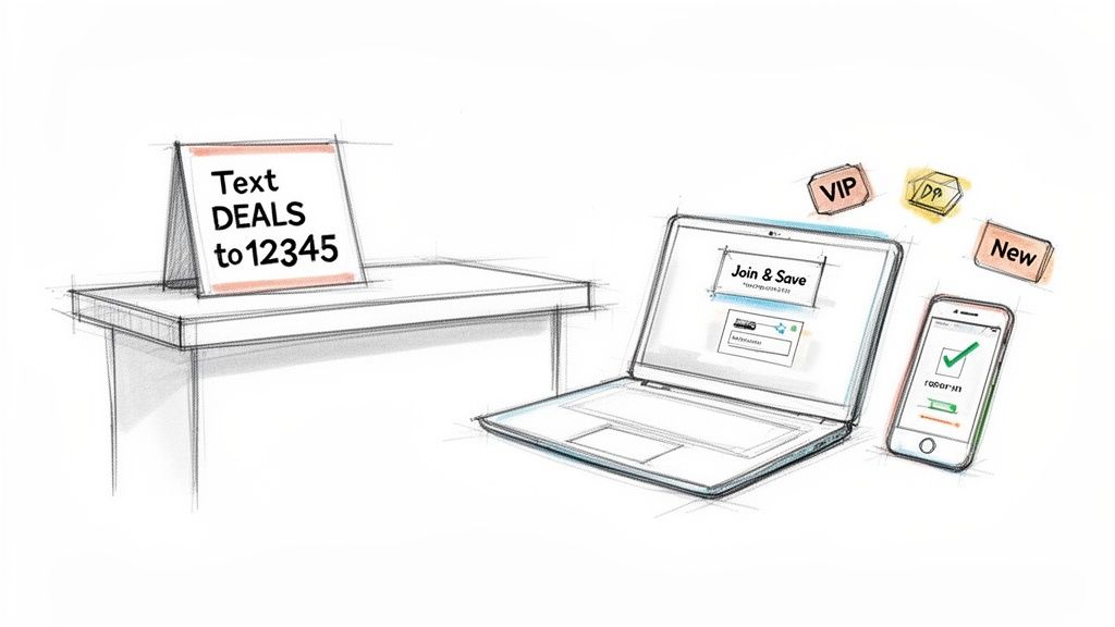 Illustration of a table with a 'Text DEALS to 12345' sign, a laptop with 'Join & Save', a smartphone with a checkmark, and floating VIP, DP, and New tags.