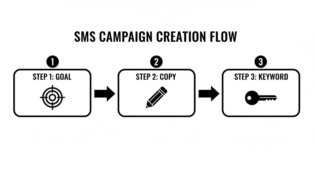 Steps for creating an SMS campaign: define goal, write copy, and choose keyword.