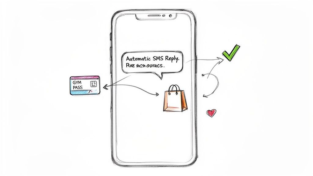 A sketch of a smartphone displaying an automatic SMS reply, connected to a gym pass and shopping bag, indicating confirmation.