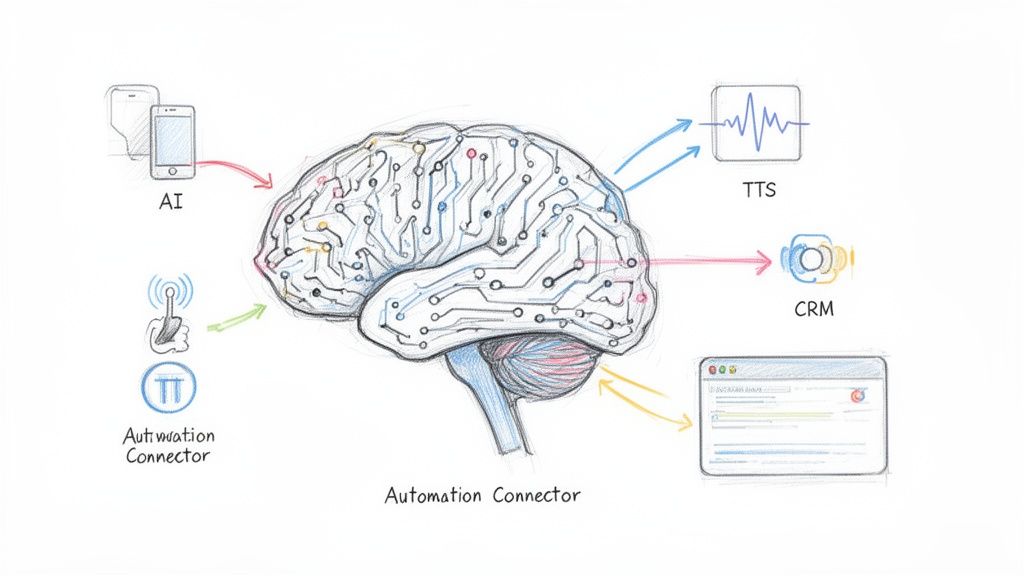 Diagram showing a brain as an automation connector, linking AI, TTS, CRM, and other systems.