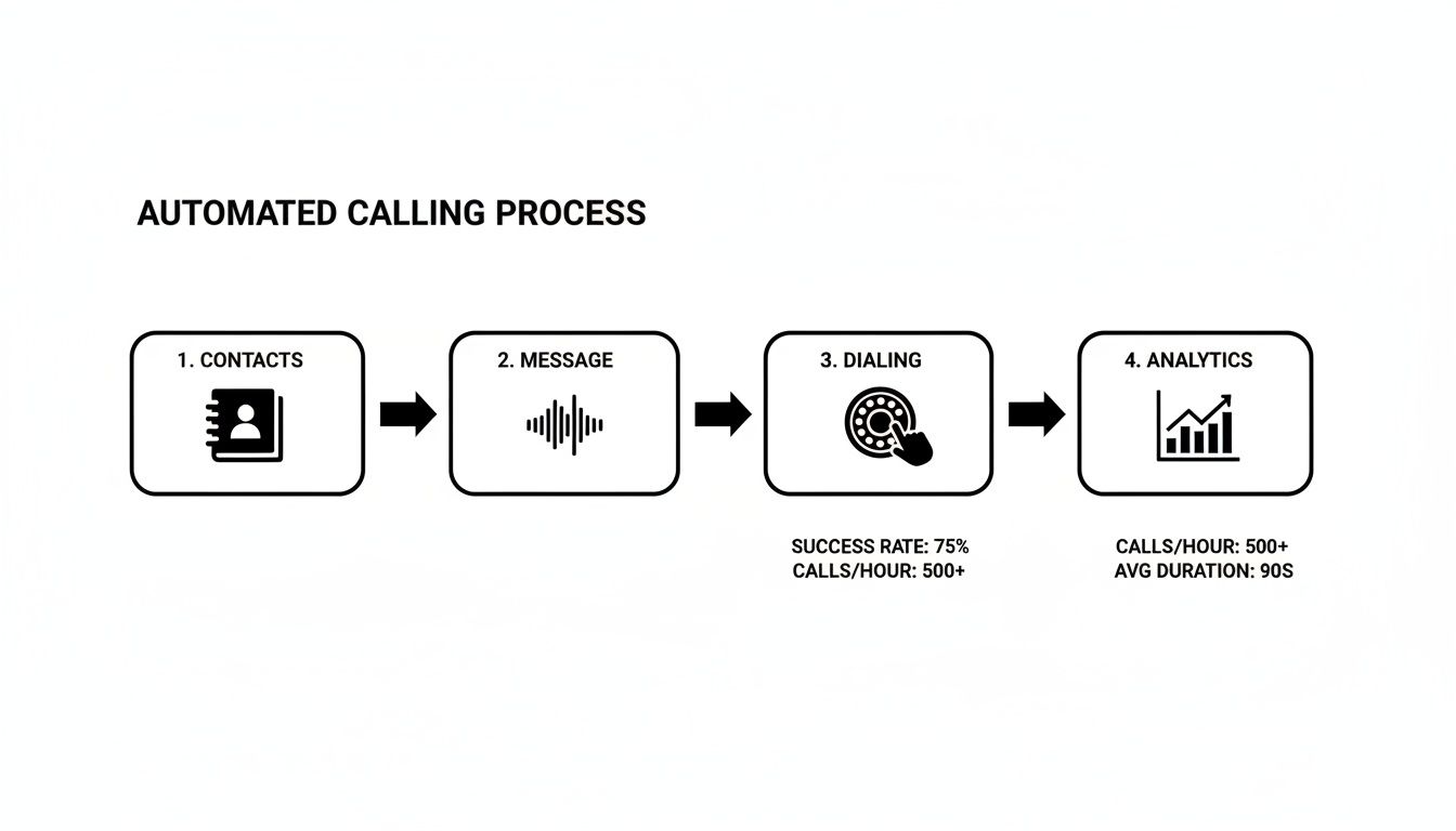 A diagram illustrating the four-step automated calling process from contacts to analytics.