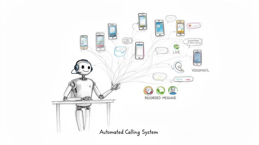 A smiling robot with a headset acts as an automated calling system, connecting to multiple phones with various communication methods.
