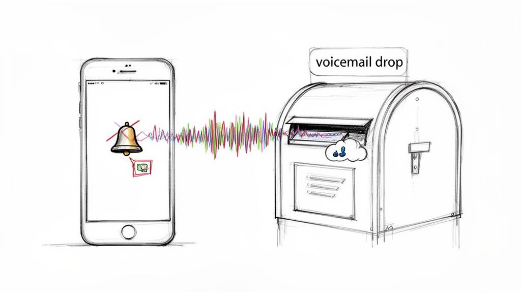 An illustration of a smartphone sending an audio waveform to a mailbox for a 'voicemail drop' service.