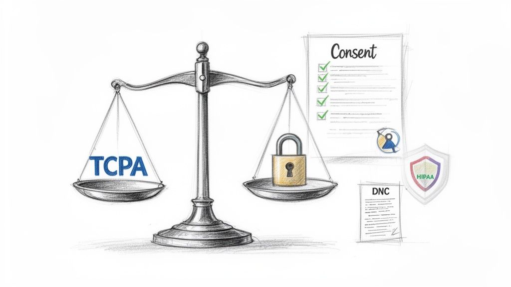 A drawing of scales balancing TCPA regulations with a padlock, consent, DNC, and HIPAA, representing data privacy laws.