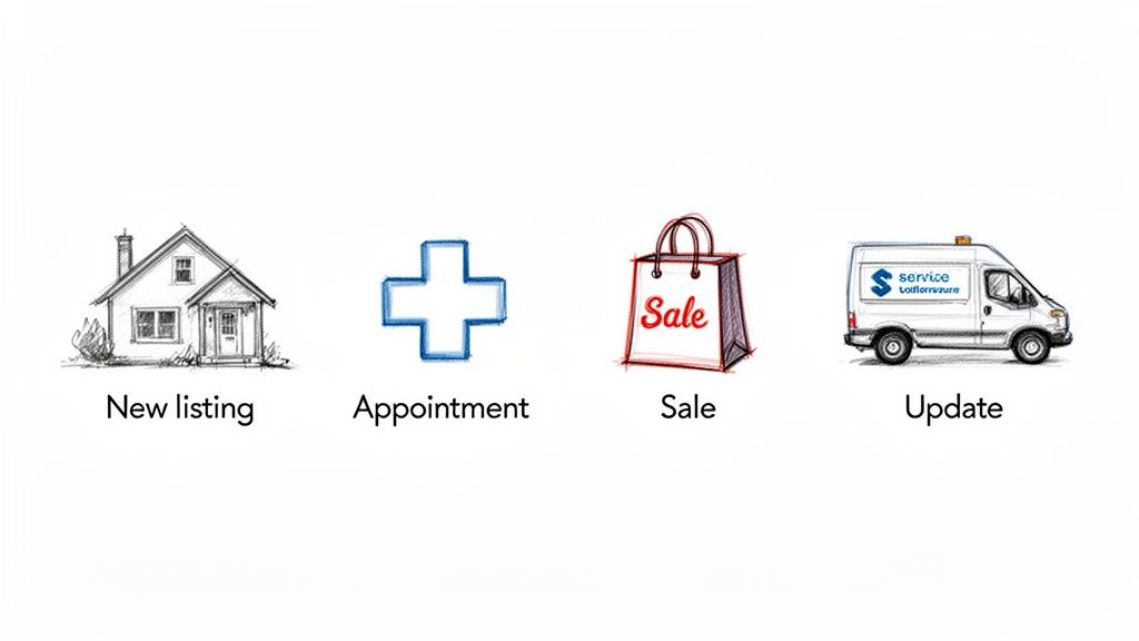 Four sketched icons representing a business process: new listing, appointment, sale, and update.