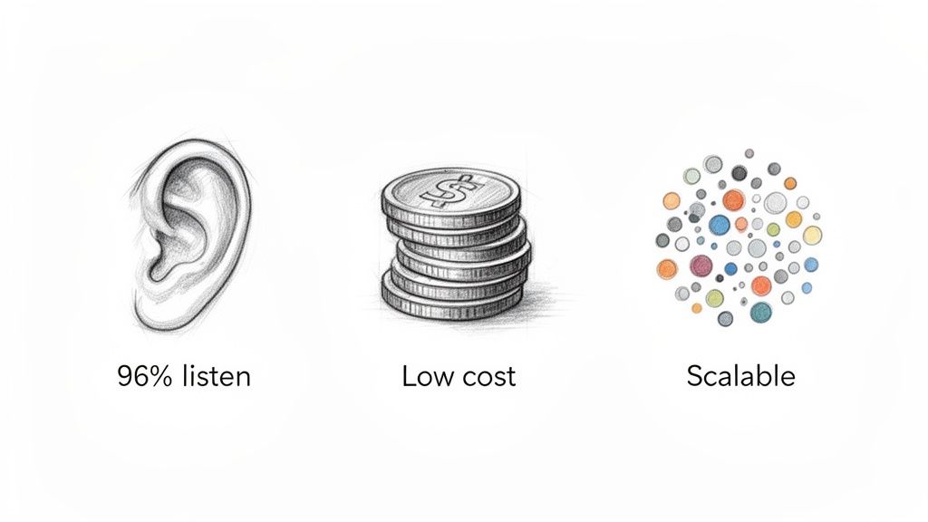 Pencil sketch of an ear, coins, and colorful dots representing 96% listening, low cost, and scalability.