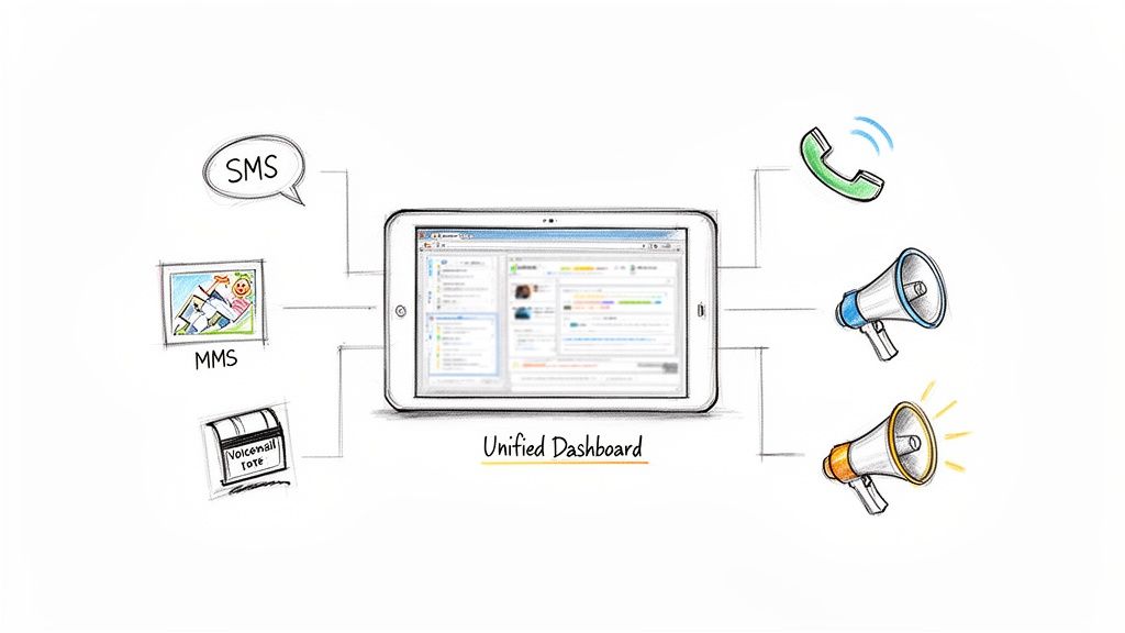 A diagram showing a unified dashboard on a tablet connected to SMS, MMS, voicemail, phone calls, and megaphones.