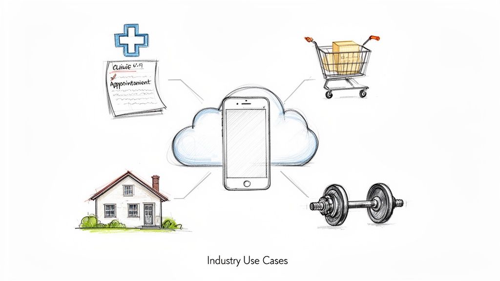 A smartphone and cloud connecting to healthcare, retail, smart home, and fitness industry use cases.