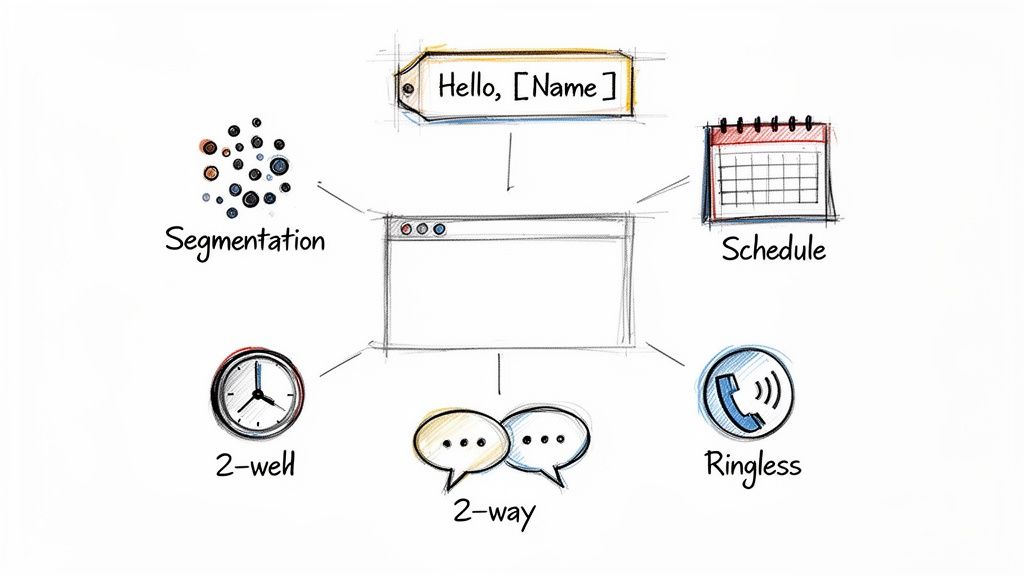 Diagram of a messaging platform's features, including personalization, segmentation, scheduling, 2-way, ringless calls, and 2-well timing.