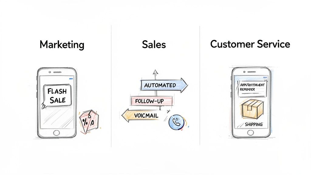 Diagram showing marketing, sales, and customer service processes using mobile phones and automation.