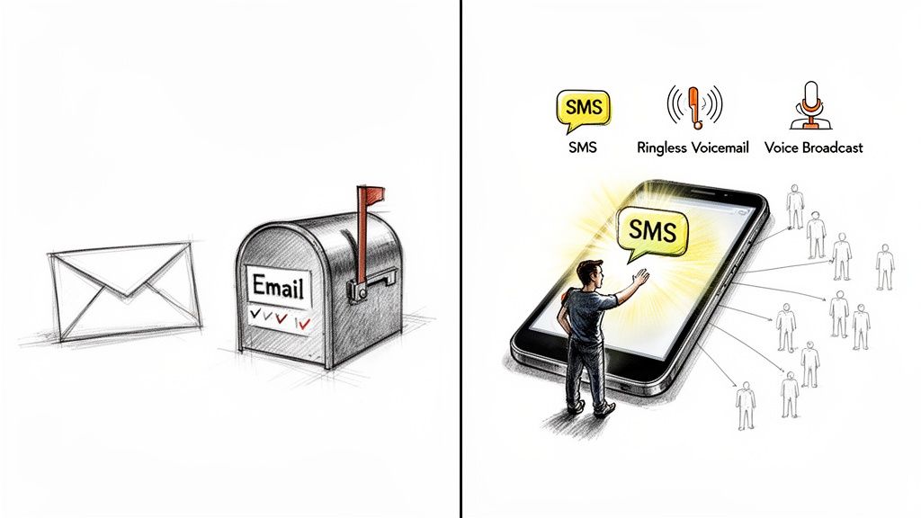 Email communication contrasted with a man sending automated SMS, ringless voicemail, and voice broadcasts to many people.