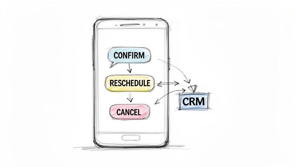 Sketch of a smartphone showing confirm, reschedule, cancel options and updating a CRM system.