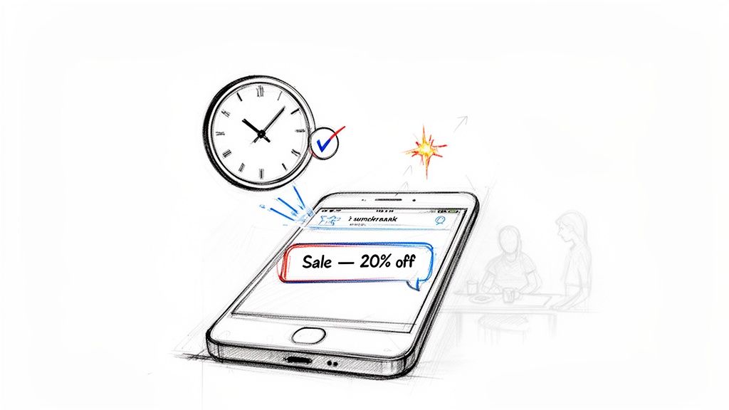 A sketch showing a smartphone displaying a 'Sale – 20% off' message, with a clock and checkmark indicating timed delivery.