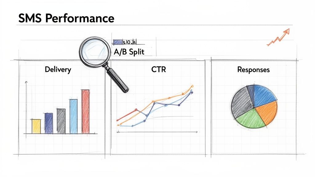 A hand-drawn sketch showing SMS performance metrics including delivery, click-through rates, and response analytics.