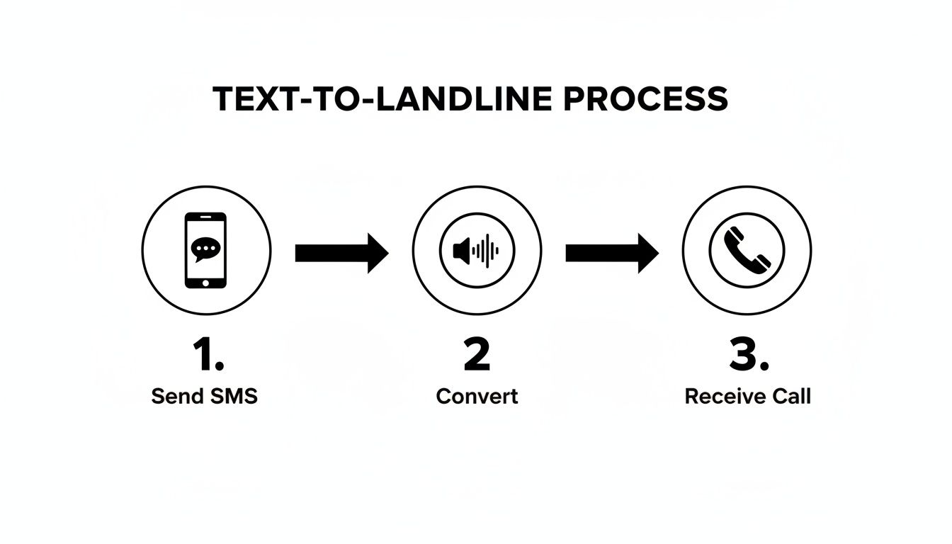 A three-step process illustrating how text messages are converted and received on a landline phone.