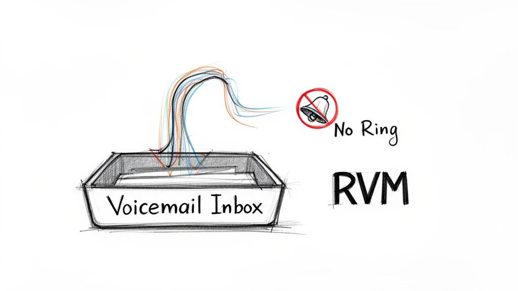 A doodle illustration showing messages entering a 'Voicemail Inbox' with a crossed-out bell and 'No Ring' text, indicating Ringless Voicemail (RVM).