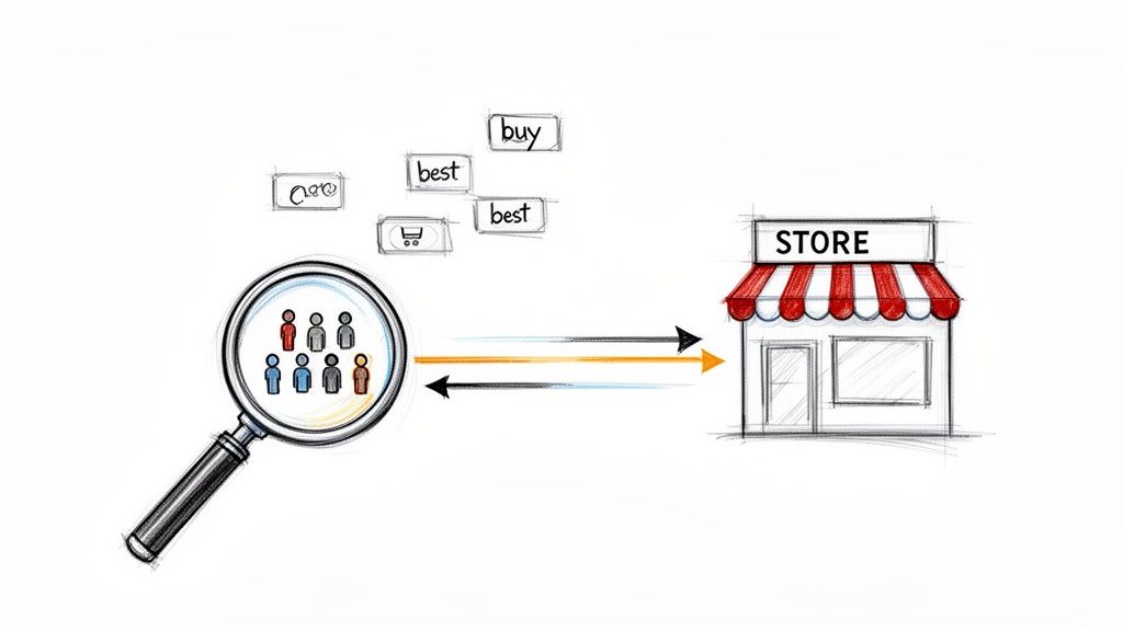Magnifying glass examining diverse customers connected to a store with keywords like 'buy' and 'best'.