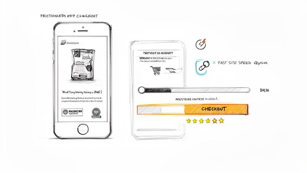 Hand-drawn sketch illustrating a mobile e-commerce checkout process with fast site speed and a frictionless experience.