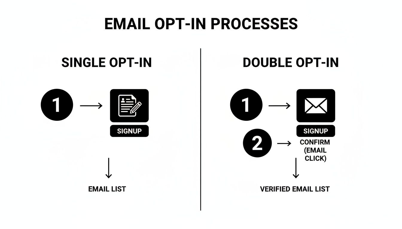 A diagram comparing single opt-in and double opt-in email subscription processes, detailing the steps and their outcomes.