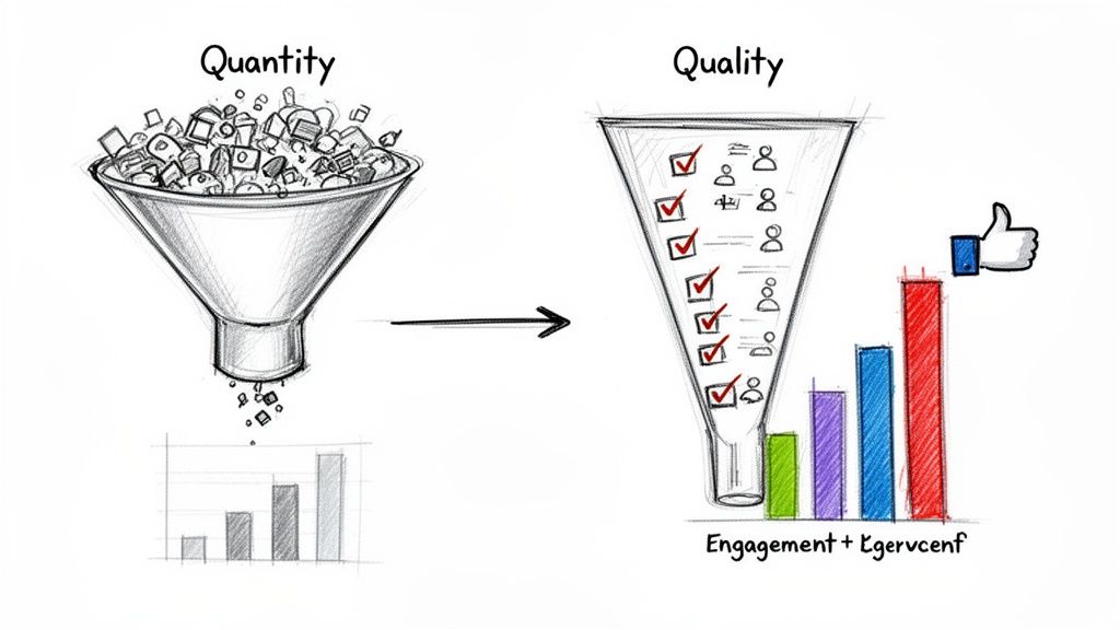 A visual explanation of transforming quantity into quality through a funnel, leading to engagement and positive outcomes.