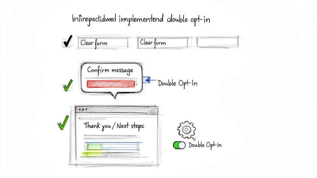 Diagram showing the steps for implementing a double opt-in process, from form to confirmation and settings.