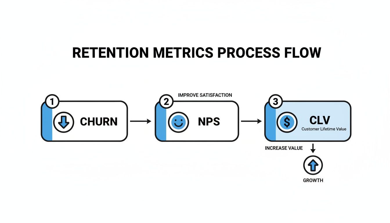 A retention metrics process flow diagram showing steps: Churn, NPS, and CLV leading to business growth.