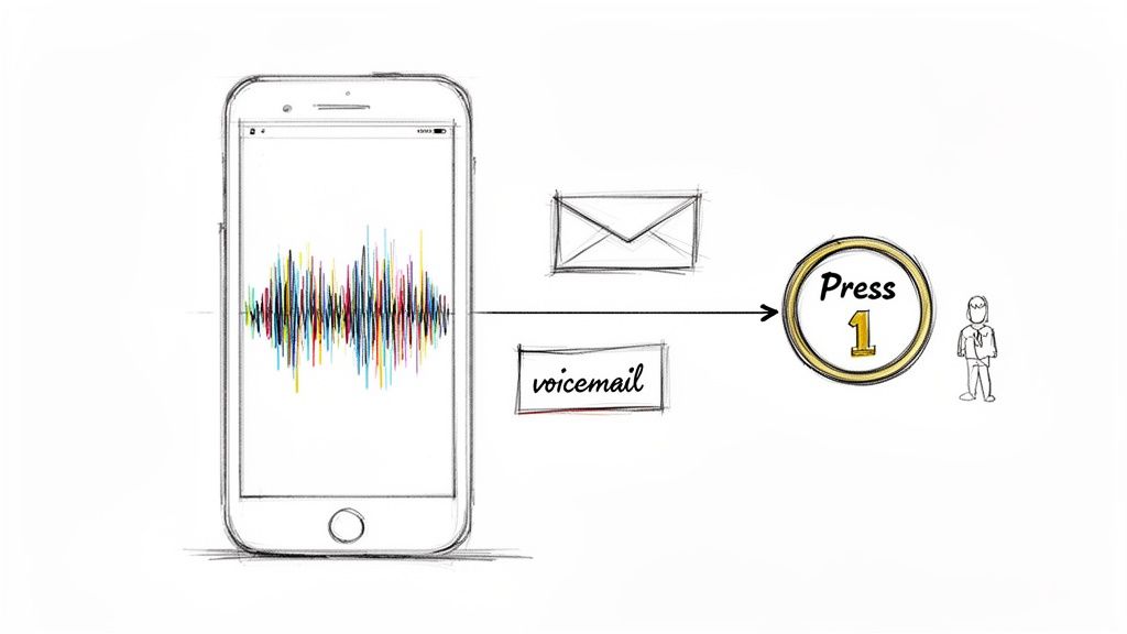 A smartphone displays an audio waveform. An arrow points to 'Press 1' with a voicemail icon and text.