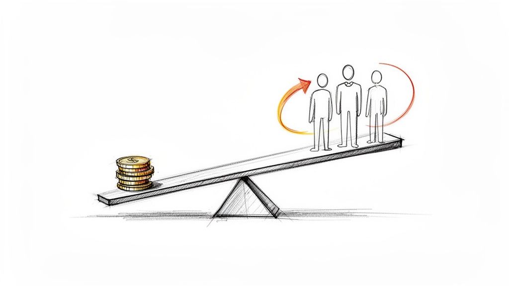 Sketch of a seesaw balancing a stack of gold coins and three outline figures of people.