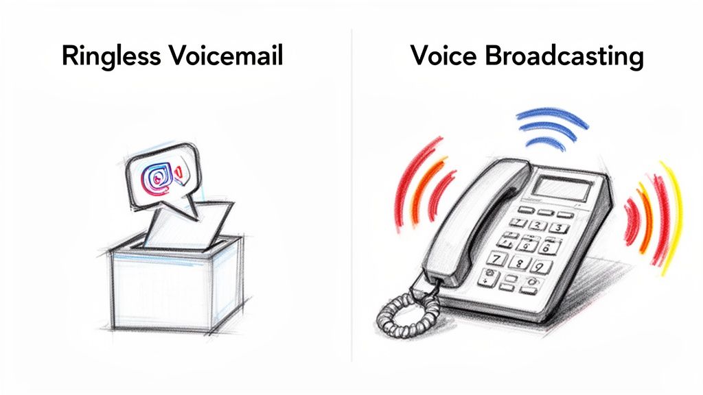Illustrations comparing ringless voicemail, like an email in a box, and voice broadcasting with a ringing phone.