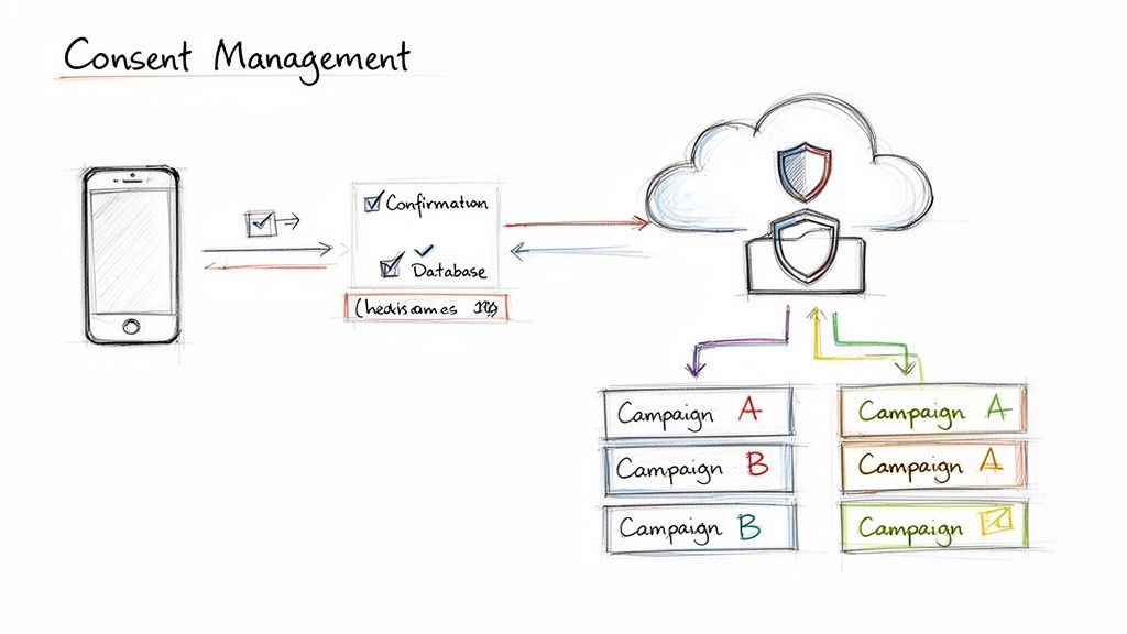 A diagram illustrates the consent management process from a user's phone to campaigns via a secure cloud.