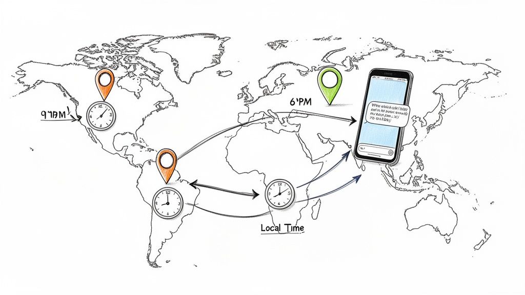 World map illustrating communication across time zones with clocks, location pins, and a smartphone sending texts.