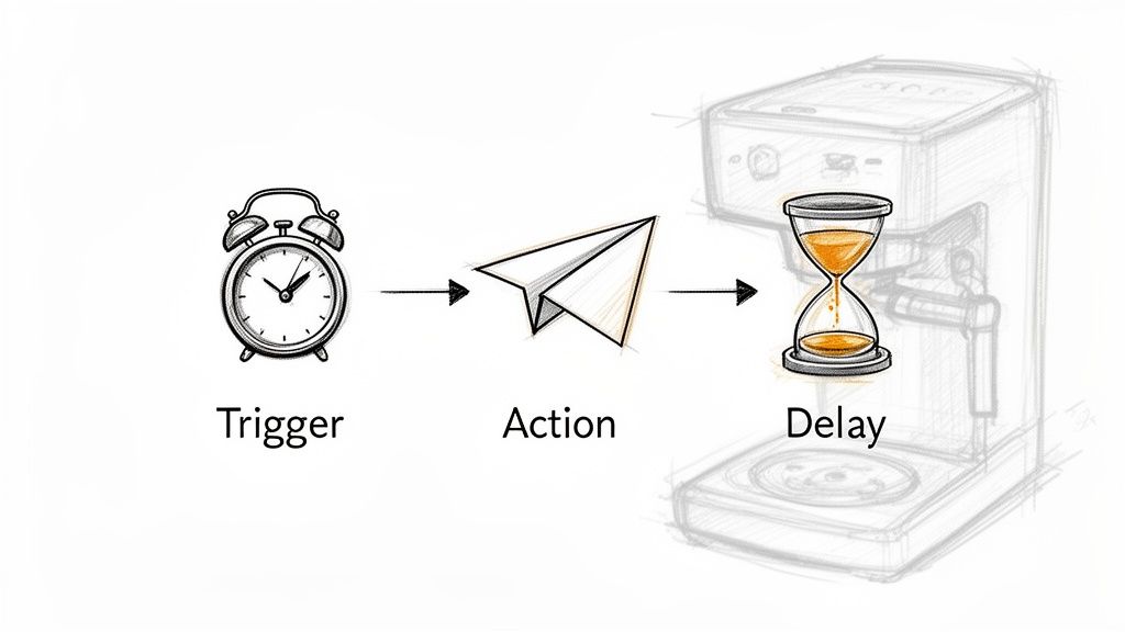 A diagram illustrates an automated workflow with an alarm clock (trigger), a paper airplane (action), and an hourglass (delay).