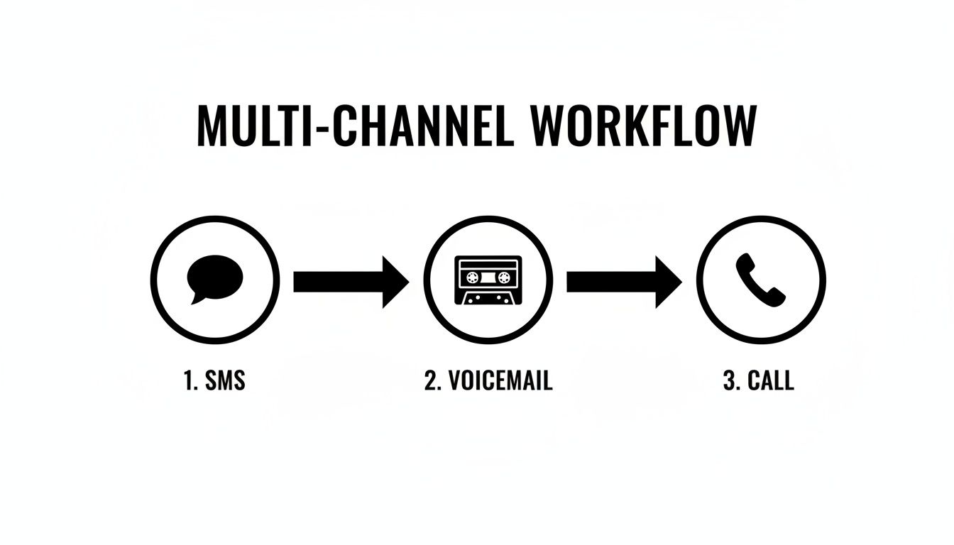 Diagram illustrating a multi-channel customer contact workflow with SMS, Voicemail, and Call steps.