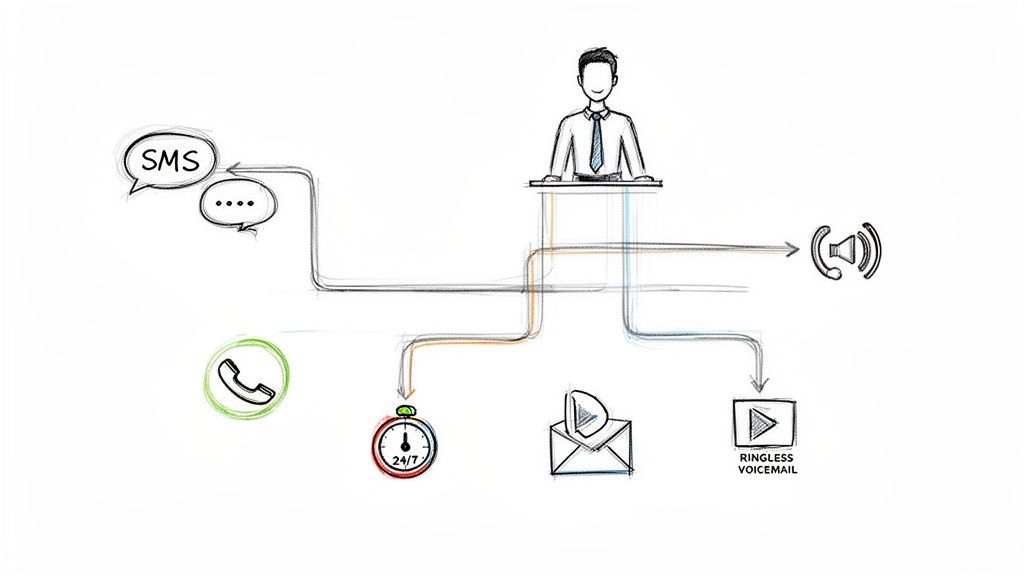 A diagram of an automated marketing workflow showing SMS, calls, 24/7, email, audio, and ringless voicemail.